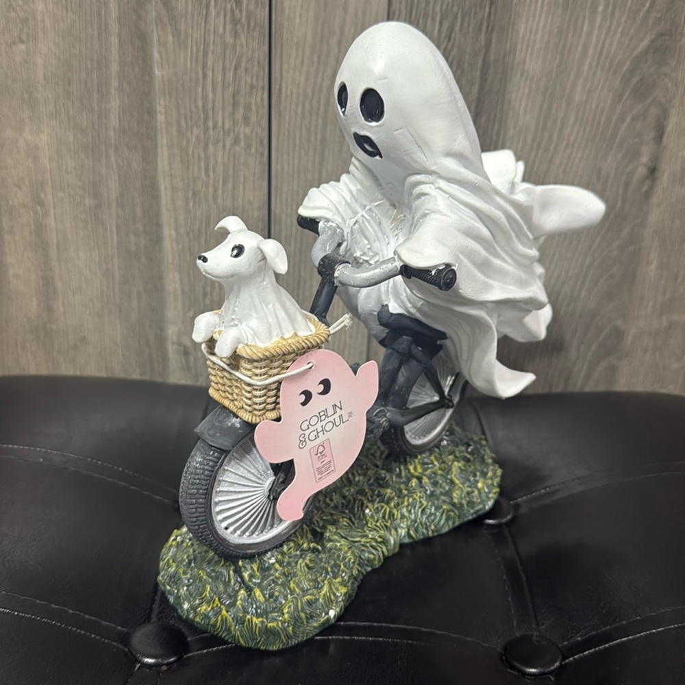 New Goblin & Ghoul Halloween Ghost On Bike With Ghost Dog In Basket Figurine